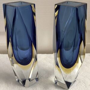 💙 Two (2)- 6.5” MCM Faceted Murano Vases Sommerso Blue Amber Clear Art Glass